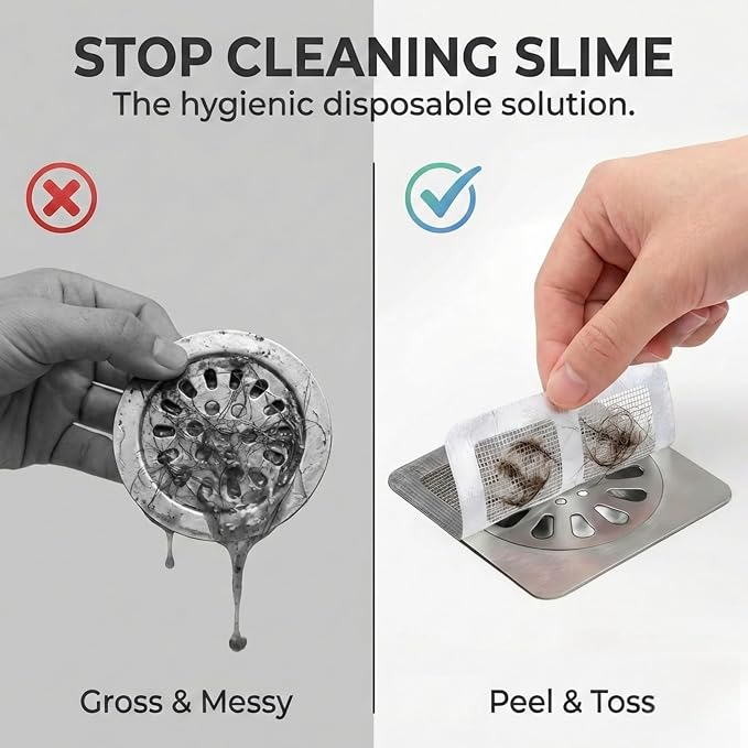 100 Pack Square Disposable Shower Drain Hair Catcher Stickers | Waterproof, For Bathroom Floor, Sink & Bathtub, Easy-Peel, Clog Prevention & Hygiene