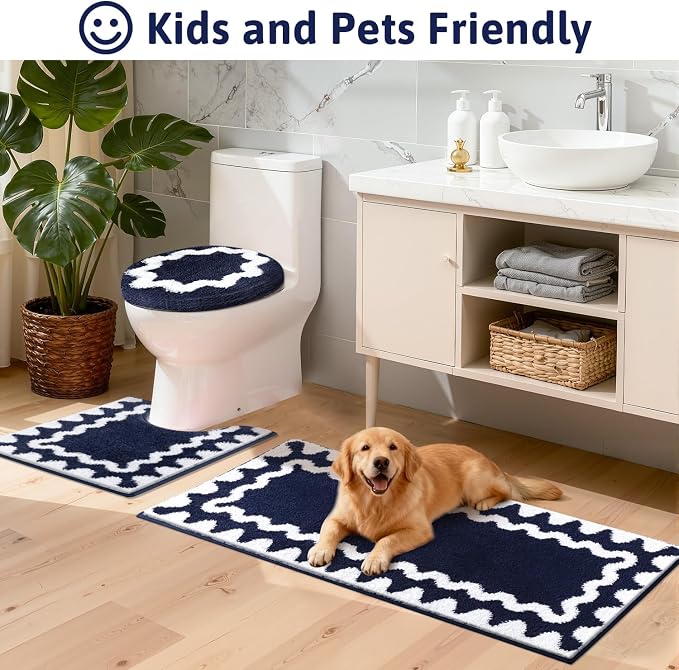 Findosom Bathroom Rugs Sets 5 Piece, Absorbent Soft Non-Slip Bath Rug Set | Washable Microfiber Shaggy Bath Mat Set with Bathroom Runner Rug, U-Shaped Toilet Rugs, Shower Rug & Toilet Lid Cover, Navy