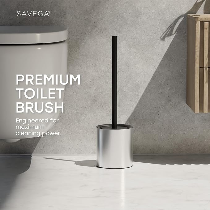 Toilet Bowl Brush and Holder Set for Bathroom – Silver | Stainless steel toilet brush set with enclosed holder and built-in splash guard for deep bathroom cleaning in silver
