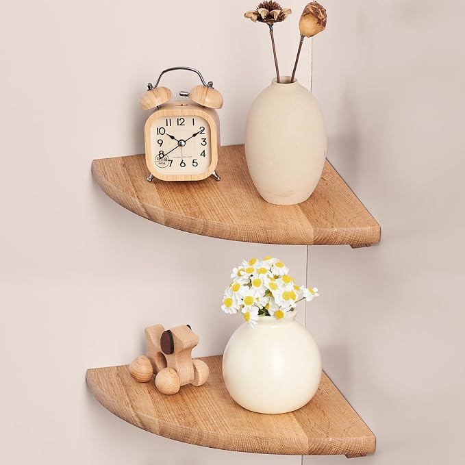Gieanoo Floating Corner Shelves for Wall Set 2 9inch Solid Oak Rounded Corner Shelves Wall Mounted with Cable Hole Wood Corner Hanging Shelves for Living Room Bedroom Bathroom Kitchen