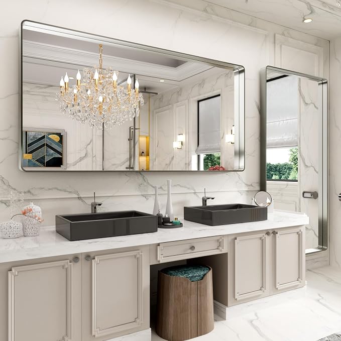 LOAAO 72X36 Inch Brushed Nickel Bathroom Mirror, Rounded Rectangle Silver Metal Frame Mirror, Brushed Nickel, Anti-Rust, Shatter Proof, Hangs Horizontally or Vertically | Rounded Rectangle, Silver Metal Frame, Anti-Rust, Tempered Glass, Hangs Horizonta...