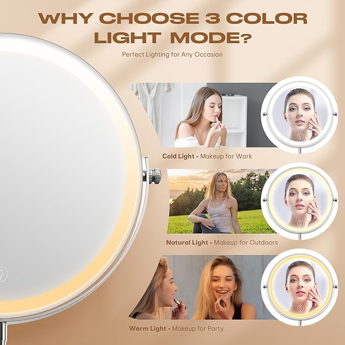 Dienmern Makeup Mirror, 1X/20X Rechargeable Vanity Mirror with Lights | Double-Sided, 5000mAh, 3 Color Dimmable Brightness, Magnification, 360° Rotation, for Dorm, Room Essentials, Women Gift
