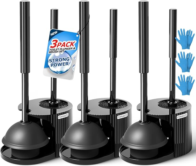 FORASTO 2IN1 Toilet Brush and Plunger Set, 3Pack Extended Handle Combo | Black Bathroom Accessories, Bathroom Decor, Apartment Essentials, Home Essentials, Cleaning Supplies, Compact Floor Storage