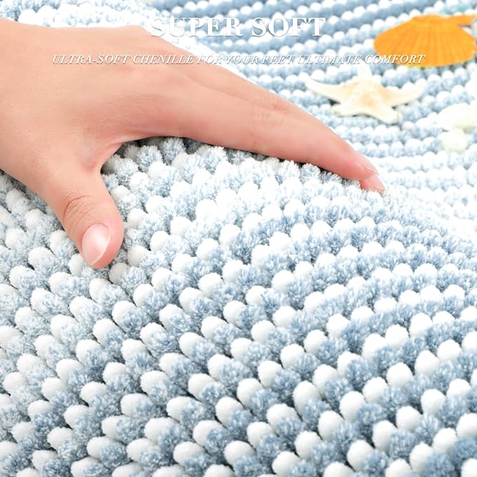 BSICPRO Large Bathroom Rugs Runner, 22x60 Striped Bath Mats, Ice Blue | Non Slip Chenille Backing, Extra Soft Absorbent, Quick Dry Machine Washable, Shower Rug for Bathroom Bedroom Decor