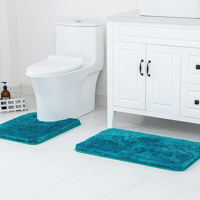 MIULEE Teal Bathroom Rugs Set 2 Piece Soft Bath Mats 20x24+20x30 Inch | Absorbent Microfiber Bath Mat and U-Shaped Toilet Rug, Non Slip, Quick Dry, for Bathroom Floor Tub Showers, Machine Washable