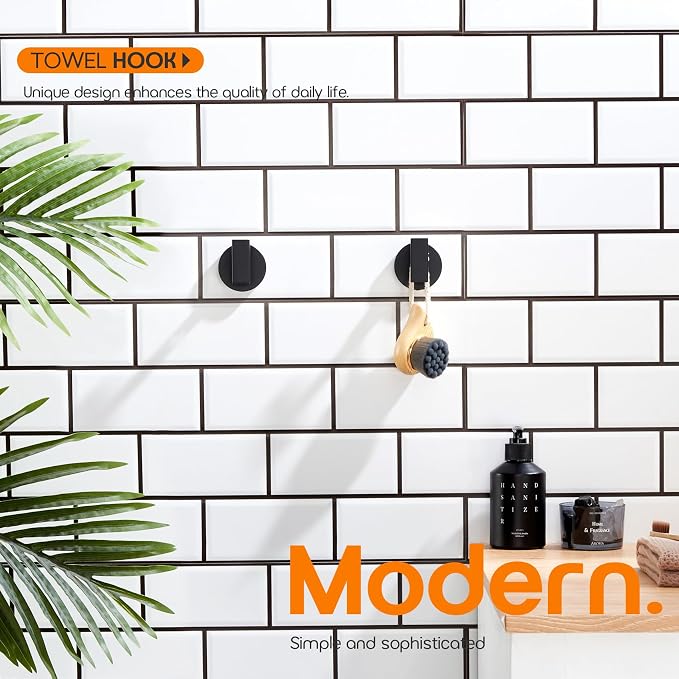 Robe Hook Matte Black Bath Towel Hooks Stainless Steel Wall Hooks for Bathroom Kitchen Closet Garage Door Hanger 2 Pack, AN1001MB-P2