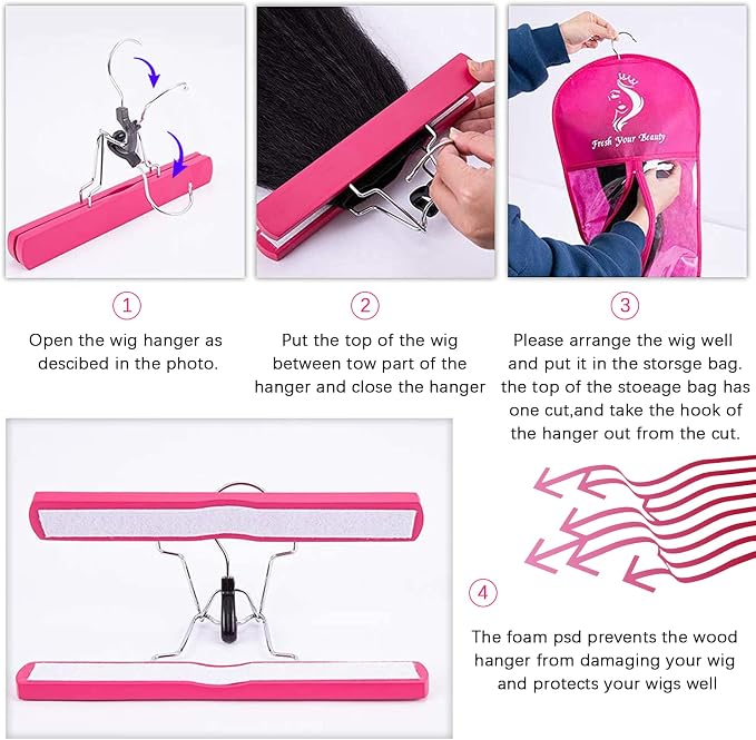 3PCS Extra Long Wig Storage Bag with Wooden Hanger Hair Extension Storage Bag with Hanger Portable Dust-proof Portable Suit with Transparent Zip Up for Hairpiece （Rose