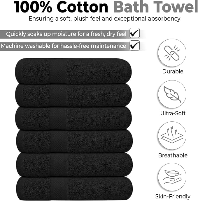 KAHAF COLLECTION 6 Pack Bath Towels Set (27 x 54 Inches) 100% Ring Spun Cotton, Lightweight, Quick Dry, Highly Absorbent Towels (Black, (27x54) Inches)