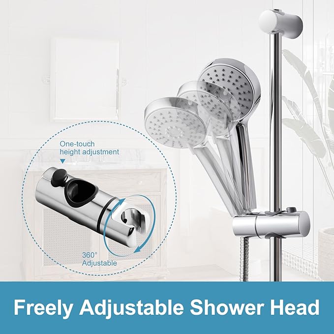 OFFO Shower Slide Bar Combo, Adjustable 21 in Slide Bar with 3-Mode Round Handheld Shower Head and 60 in Stainless Steel Hose, Screw Wall Mounted, Chrome Finish
