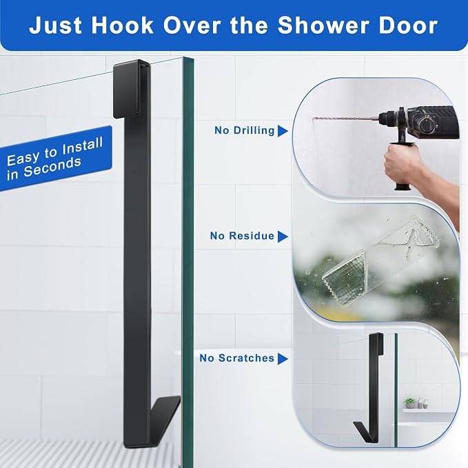Shower Door Hooks 12 in, Shower Hooks for Towels, Heavy Duty Drilling-Free Extended Towel Hooks for Bathroom Frameless Glass Door, Over The Door Towel Hooks 3 Packs Black