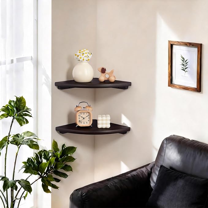 Gieanoo Floating Corner Shelves Set 2 10inch Walnut Solid Oak Rounded Corner Shelves Wall Mounted with Cable Hole Wood Corner Hanging Shelves for Living Room Bedroom Bathroom Kitchen