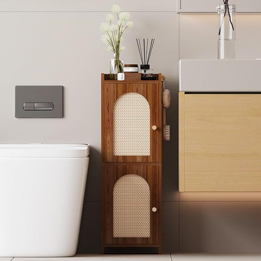 Rattan Bathroom Storage Cabinet,Corner Floor Cabinet with 2 Doors and Adjustable Shelf, Narrow Toilet Paper Cabinets with 2Hooks,Toilet Organizer for Small Spaces,7.87"D*9.84"W*29.72"H （Brown）