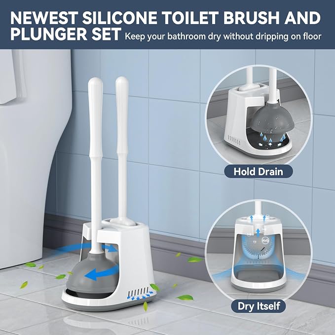 Unique Toilet Plunger and Brush, Silicone Brush and Heavy Duty Toilet Plunger Set with Ventilated Holder, 2-in-1 Toilet Brush and Plunger Combo for Bathroom Cleaning-New Pack (White)