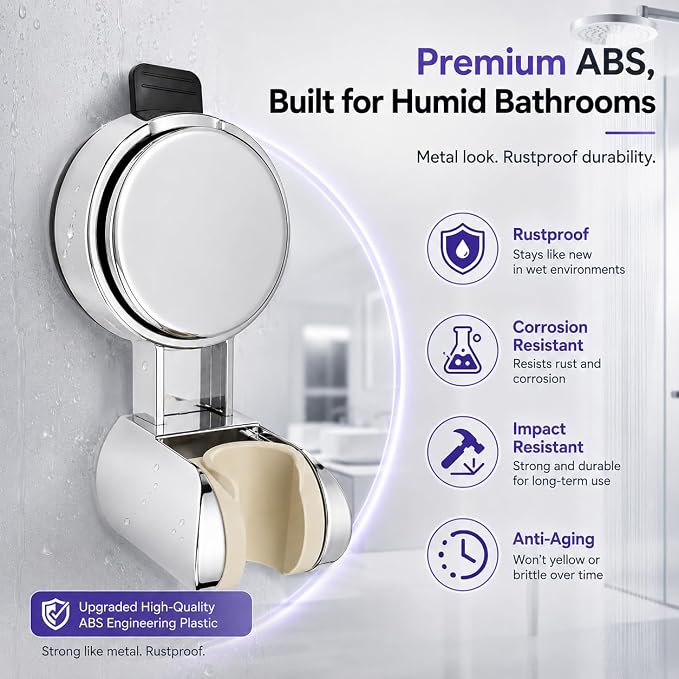 Suction Shower Head Holder, No Drill Handheld Shower Holder Wall Mount Adjustable Shower Wand Bracket with Vacuum Suction Cup Chrome, Removable Shower Head Holder for Smooth Wall