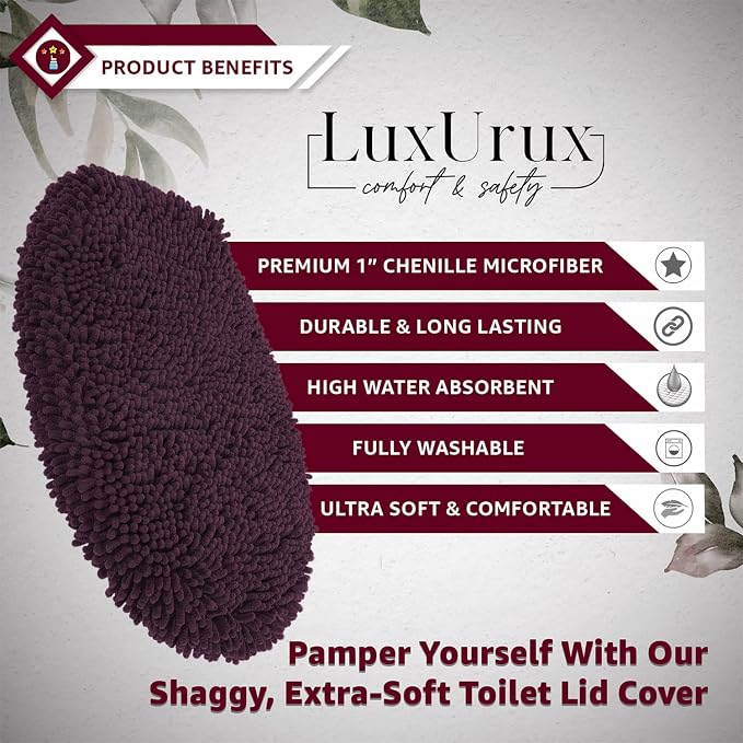 LuxUrux Toilet Lid Cover, Extra-Soft Plush Seat Washable Shaggy Microfiber Standard Toilet Lid Covers for Bathroom Machine Wash & Dry. (18 x 21 inches, Plum)