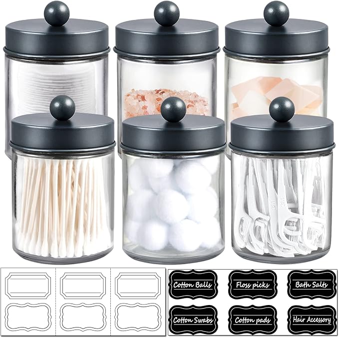 Amolliar 6 Pack Apothecary Jars Bathroom Organizer - Rustic Farmhouse Decor Qtip Holder with Stainless Steel Lids - Glass Bathroom Storage Canisters for Cotton Swabs, Rounds, Balls, Flossers (Grey)