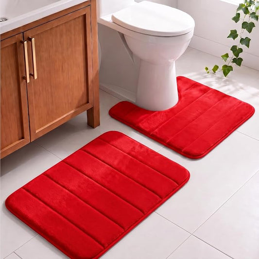 Memory Foam Bathroom Rugs Sets 2 Piece - Super Soft Absorbent Quick Dry Memory Foam Bathroom Rugs, Machine Washable Non Slip Floor Carpet for Tub Shower & Single Sink 16x24 & 20x20,(Red)