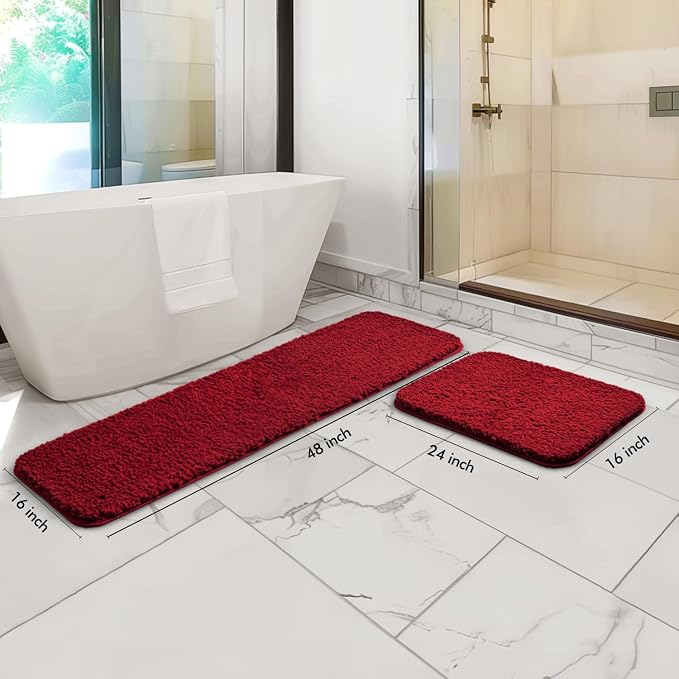 MIULEE Red Bathroom Rugs Set 2 Piece Soft Bath Mats 16x24+16x48 Inch | Soft Absorbent Microfiber Bath Rugs, Non Slip, Quick Dry, Fluffy Bath Rugs for Bathroom Floor Tub Showers, Machine Washable