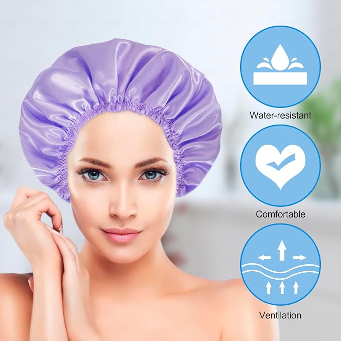 Shower Cap for Women Set of 4, Reusable Bath Caps + 2 Satin Hair Scrunchies | Double Layers, Waterproof Hair Caps, for Bath Accessories, Spa, Travel Home - Pattern C
