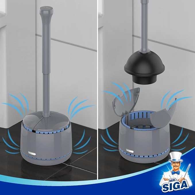 MR.SIGA Toilet Plunger with Holder, Plungers for Bathroom Heavy Duty, Gray | Automatic lid design, sturdy long handle, heavy duty toilet plunger and holder set, toilet clog remover