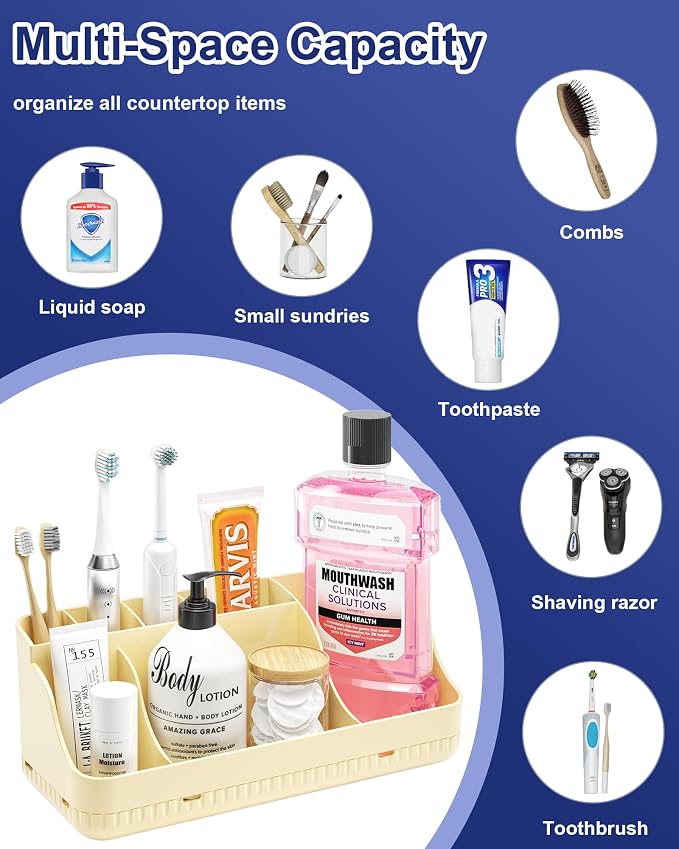 Bathroom Counter Organizer and Storage, 7 Slots Detachable Toothbrush Holders for Bathrooms, Anti-Slip Electric Toothbrush and Toothpaste Holder Countertop Vanity Organizer Accessories for Adults Kids