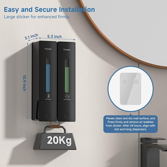Shampoo Dispenser for Shower - Shower Soap Dispenser Wall Mounted No Drill - Shampoo Body Wash Dispenser 2 Chamber - Easy Install for Bathroom Hotel Black 800ml
