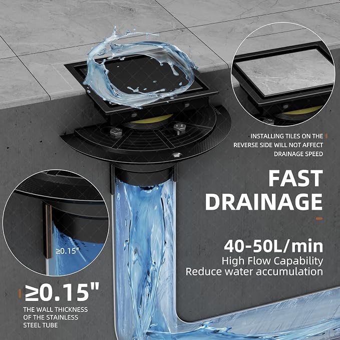 4 Inch Square Black Shower Drain Kit with Flange & Lifting Hook, Modern Floor Drain with 2-in-1 Cover Tiled Insert Grate, Stainless Steel SUS 304 (Matte Black, 4 Inch)
