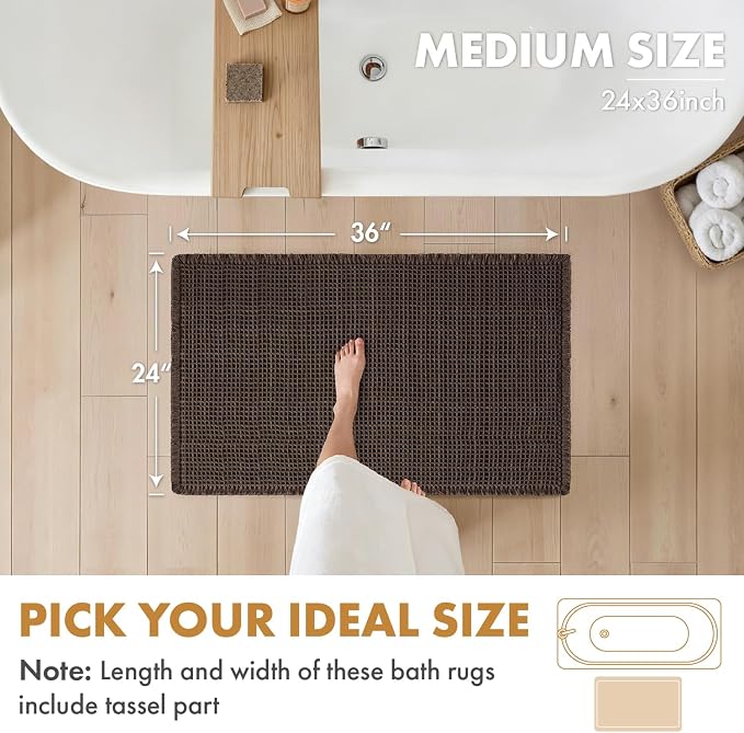 MIULEE Set of 2 Waffle Bathroom Rugs Boho Bath Mat Chocolate 24x36 Inch | Non Slip, Super Absorbent, Washable, Ultra Soft, Rubber Backed, Large Bath Rugs for Bathroom Floor Tub Shower