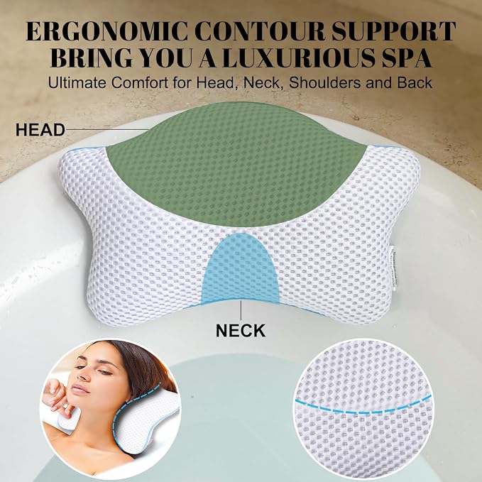 Non Slip Bath Pillow, Luxury Spa Bathtub Head & Neck Rest Support, Permeable Quick Drying Air Mesh Tub Pillow with 4 Large Suction Cups, Fits Any Tubs, Soft and Relaxing (White)