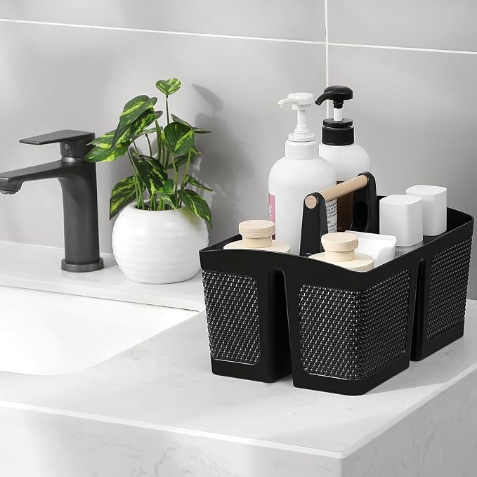 rejomiik Portable Shower Caddy Basket Plastic Cleaning Caddy Organizer Storage Tote with Handle for Bathroom, College, Dorm Room Essentials, Black