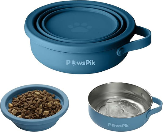 2-in-1 Travel Dog & Cat Bowl – Collapsible BPA-Free Silicone | 18/8 Stainless Steel, Portable & Non-Slip with Handle, Easy to Clean, Food & Water Bowl for On-the-Go Pets