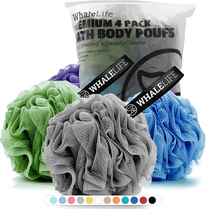 Bath Loofah Sponge for Shower - Body Scrubber 4-Pack Gray Blue Green Purple | 10X Suds Save Body Wash Double Knotted Anti Tear Core Fast Dry Cotton Loop Stay Fresh Large Mesh for Sensitive Skin