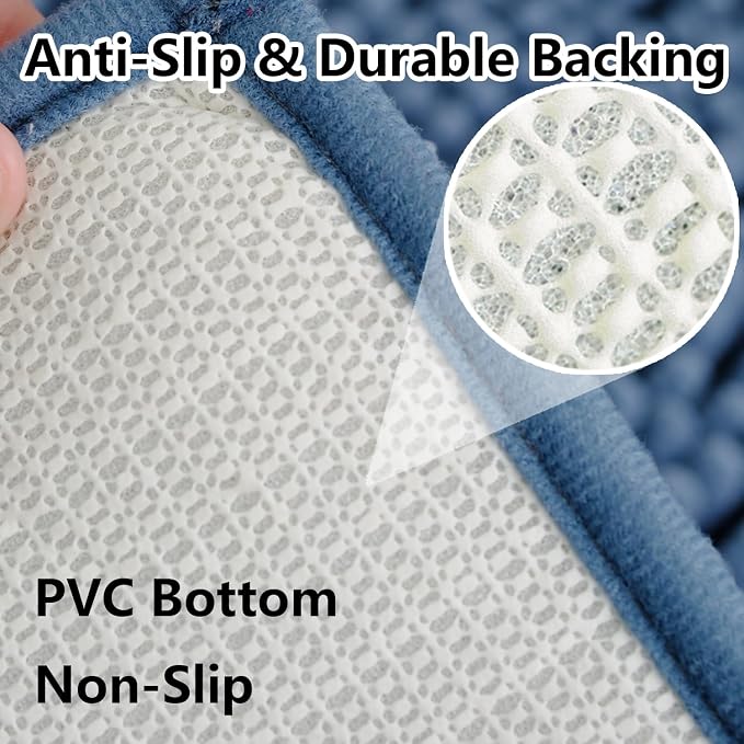 Bathroom Rugs Chenille 3-Piece Extra Soft and Absorbent Shag Bathroom Rugs, Machine Wash Mat, Strong PVC Non-Slip Underside, Plush Carpet Mats (Deep Blue)