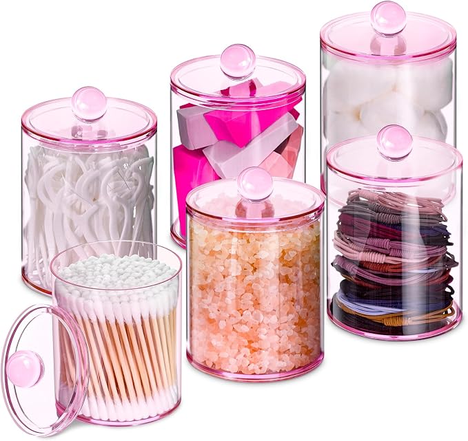 6 Pcs Acrylic Qtip Holder, Cotton Ball Holder Jars with Lids, Pink | Apothecary Jars for Cotton Swabs, Balls, Pads and Floss Picks, Bathroom Vanity Organizer