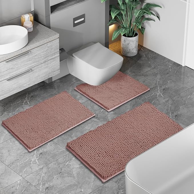 Chenille Bathroom Rugs Set 3 Piece Bath Mats for Bathoom Non-Slip Luxury Bathroom Rug Extra Soft and Absorbent Shaggy Rugs Washable Dry Plush Area Carpet