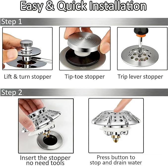 AzWzz Bathtub Drain Stopper,Pop Up Tub Stopper Plug with Hair Catcher Cover | All-metal, Universal for 1.45 in to 1.8 in Tub Drain, Brushed Nickel