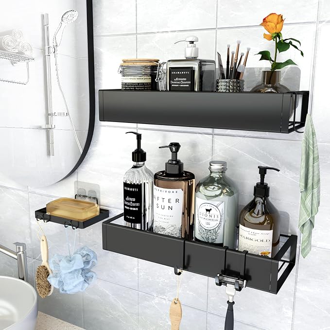 Shower Caddy Wall Mounted Stainless Steel Basket Shelf Shampoo Holder, Adhesive Shower Shelf Basket Rack Organizer, No Drilling Bathroom Shelf with Hooks, Kitchen Spice Holder-2 Pack
