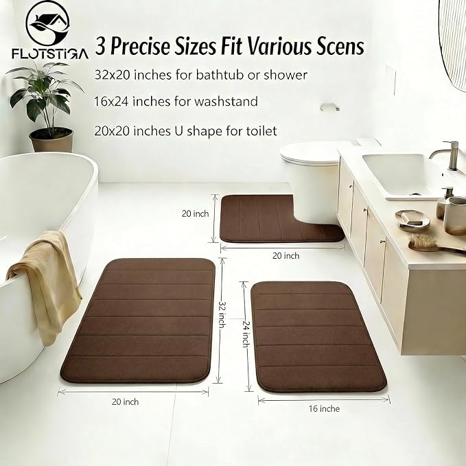 Memory Foam Bath Mat Set 3 Piece，Super Soft Absorbent Bathroom Rug Non Slip, Quick Dry,Machine Wash, Perfect Plush Bathroom Rugs,Home Decor Accessories,Coffee
