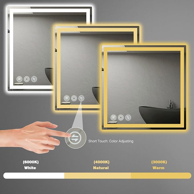Memobarco 24" x 24" LED Bathroom Mirror with Lights, Memory Vanity Mirror | Anti-Fog, 3 Color Modes, Dimmable, Front Lit, Memory Function, Tempered Glass, Lighted Bathroom Mirror for Wall