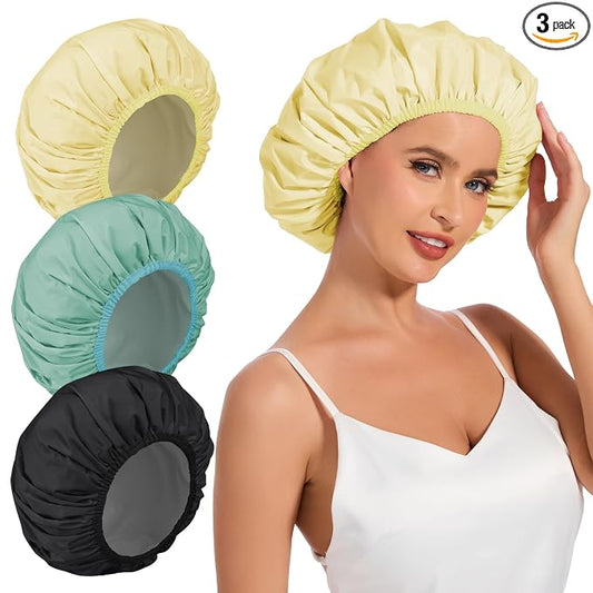 3Pcsk Reusable Waterproof Shower Cap for Women, Bath Cap for Long Thick Hair, Comfortable Hair Cover for Shower