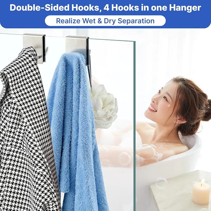 EAEDMY Shower Door Hooks, Over Glass Shower Towel Hooks for Bathroom, Suit for Frameless Glass Shower Door 0.43in (<11mm), Stainless Steel, Drilling-Free, 2 Pack (4Pack Silvery)