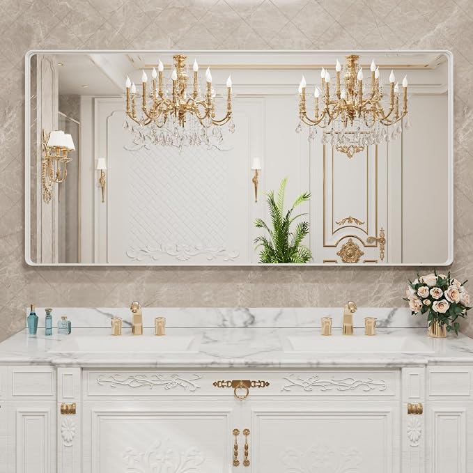 LOAAO 72x32 Inch White Metal Framed Bathroom Mirror for Wall | Rounded Rectangle Mirror, Anti-Rust, Tempered Glass, Hangs Horizontally or Vertically