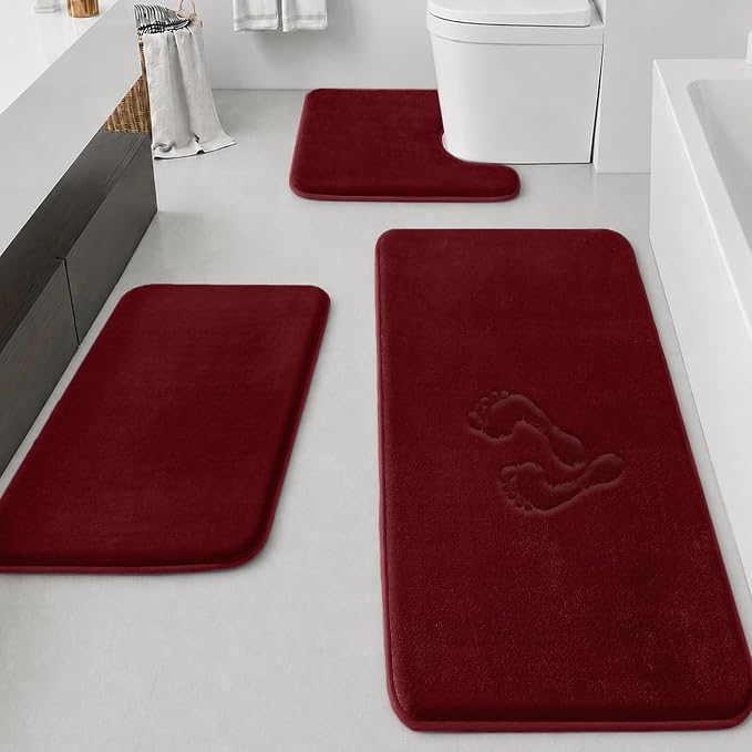 Bathroom Rugs Sets 3 Piece, Non-Slip & Quick Dry Bath Mat Set, Ultra Soft Velvet Bath Rugs for Bathroom, Toilet and Shower Floor, Red