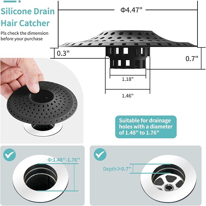 Aluvor Bathtub Drain Hair Catcher,Silicone Tub Hair Catcher Drain Protector | Collapsible Shower Hair Drain Catcher Strainer for 1.48'' to 1.76'' Flat Regular Drains, 3PCS/Black