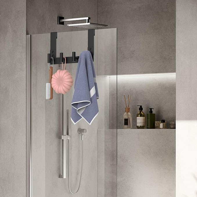 WUIVIUT Over Glass Shower Door Hooks, Heavy-Duty Frameless Bath Hanger for Robes, Towels Hook, Fits 3/8" (10mm) Thick Shower Glass (T Shape, 4 Hook)