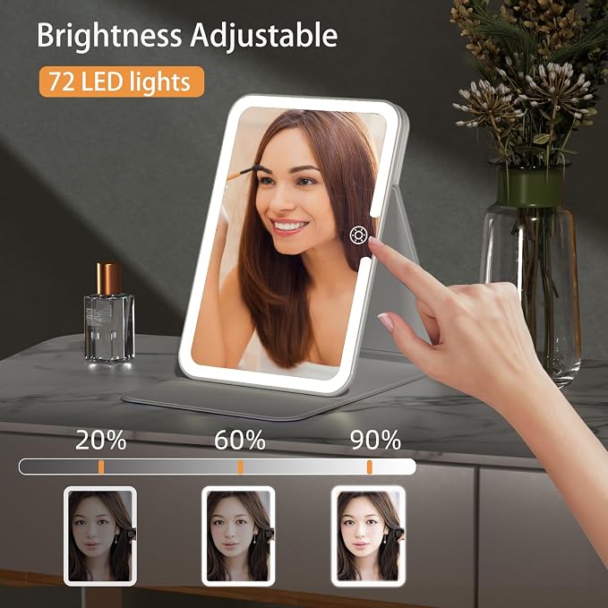 FUNTOUCH Rechargeable Travel Lighted Makeup Mirror with PU Leather Cover | Portable Travel Makeup Mirror with lights, 3 Color Lighting,Touch Dimmable, Light Up Tabletop Cosmetic Mirror Folding Flower
