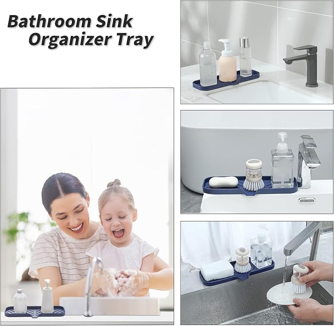 MicoYang Silicone Soap Dish with Drain Spout — Self-Draining Double Sink Organizer Tray for Kitchen & Bathroom, Dispensers, Sponges & Soap Holder, Non-Slip & Dishwasher Safe, Navy Blue (Large, 12"×4")