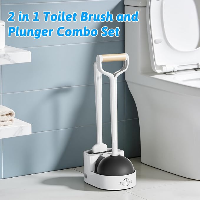 Sellemer Toilet Brush and Plunger Set, Curved Head Deep Clean, White 2 Pack | Brush and Plunger set, Curved Nylon Bristles for Deep Clean, Strong Suction Plunger, Ventilated Holder for Quickly Air Dry