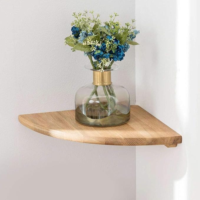 Corner Shelf, 7inch Solid Oak Wood Floating Corner Shelf Wall Mount Round End Floating Speaker Shelves with Wire Hole for Small Plant Photo Frame for Bedroom Kitchen, Living Room