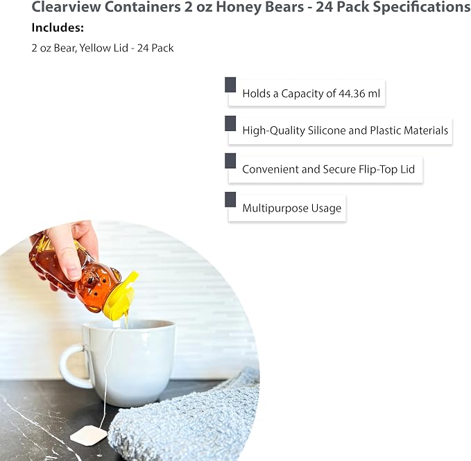 2 Ounce Honey Bears with Sealable Yellow Screw Top Lid - 24 Pack (2 oz. bear, 24pk, yellow)